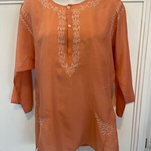Tory Burch Women's Peach Color Embroidered Tunic Blouse  Top 3/4 Sleeves Size 6